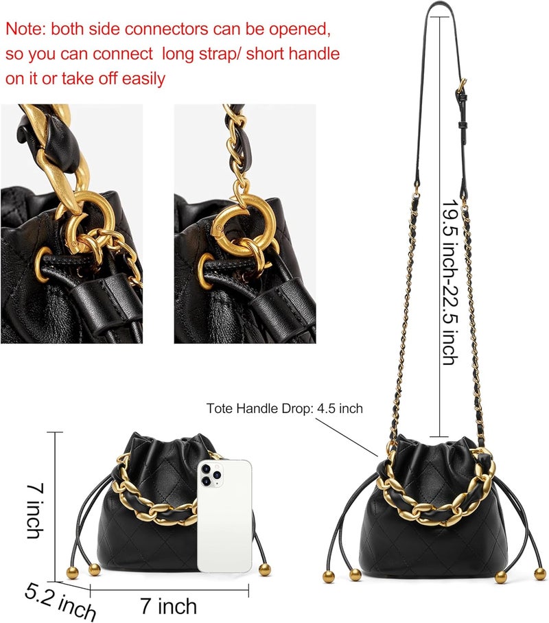 DORIS&JACKY Store Small Top Handle Bucket Bag, Designer Lambskin Drawstring Crossbody Purse with Chunky Chain Tote Strap - Image 4
